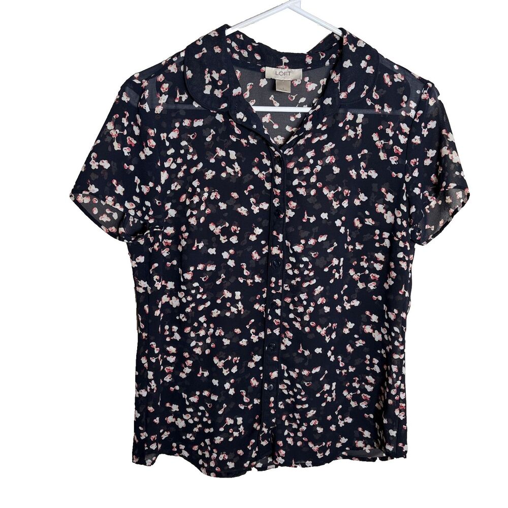Loft Blouse Women's Small Blue Sheer Button Up Printed Floral Shirt Top